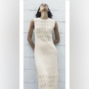 Zara Sz S Crochet Ecru Cotton Blend Midi Dress Sleeveless Knit